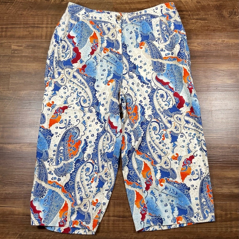 Chico's Cropped Wide Leg 100% Linen Pants Blue Paisley Sz 1.5 Medium